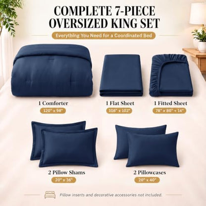 CozyLux Oversized King Comforter Set Navy, 7 Pieces Bed in a Bag