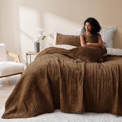Wonderful - Velvet Quilt Set Queen Size Mocha Brown, Soft Cotton-Feel Plush Coverlet with Shams, Premium Vertical Channel Stitched, Lightweight All-Season Bedspread