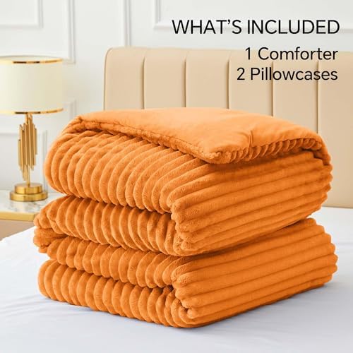 BEDELITE Fleece California King Comforter Set, Fluffy Bed Set, Burnt Orange