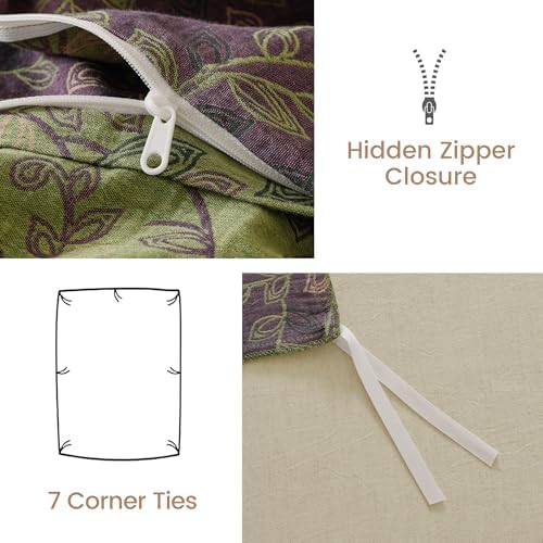 BISELINA 100% Cotton Muslin Duvet Cover Set Queen, 3 Pcs Yarn-Dyed Jacquard Textured Reversible Botanical Design, Soft and Breathable Bedding Set with Zipper Closure, Violet Green