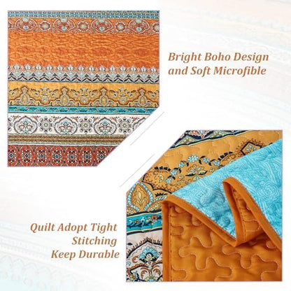WONGS BEDDING Orange Quilt Queen Size, Boho Stripe Bedding Set, 96"x90"