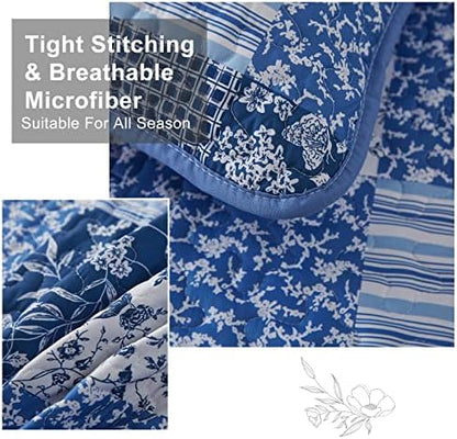Mybedsoul King Size Quilt, Boho Patchwork Floral Bedding Set, Blue