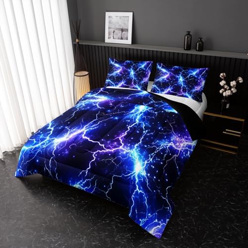 Nttopship Blue Lightning Comforter Set King Size Bed in A Bag,Lightning Bedding Set for Teen Adult Blue Room Decor Ultra-Soft Lightweight Microfiber with 2 Pillowcases