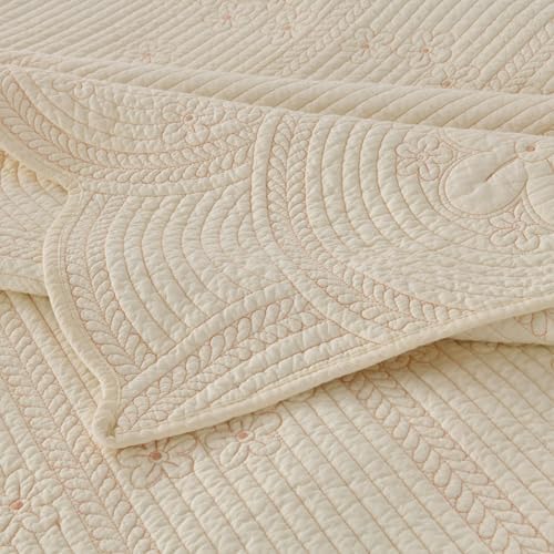 Cotton Floral Embroidery Bedspread Quilt Set (Tu Beige,King (114"x102"))