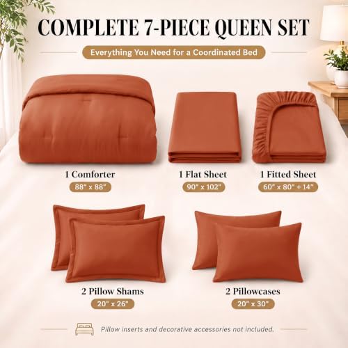 CozyLux Queen Comforter Set Terracotta, 7 Pieces Bed in a Bag