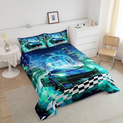 Feelyou Boys Teal Race Car Twin Size Bedding Set Kids Racing Car Decor Comforter Extreme Sports Car Comforter Set for Teens Honeycomb Grid Car Comforter Quilt Set Car Room Decorations