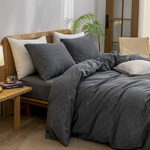 BESTOUCH Cotton Solid Duvet Cover Set Linen Feel Dark Black King
