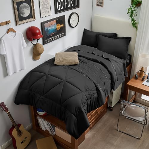 BEDELITE Twin XL Comforter Set 5 Pieces, Solid Black Bed in A Bag