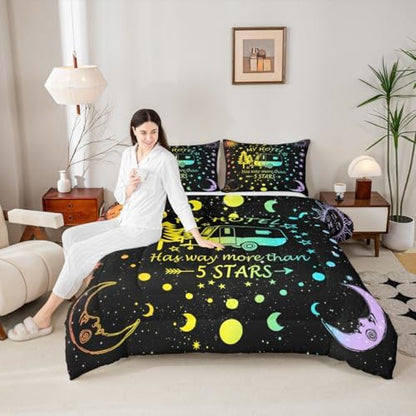 Happy Camping Comforter Set King Size,Camper RV Trailer Decor Bedding Set 3pcs for Kids Boys Girls Adults,Sun Moon Starry Sky Summer Down Comforter,Watercolor Romantic Duvet Insert,2 Pillowcases