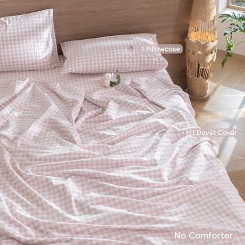 MooMee Gingham Duvet Cover Set 100% Washed Cotton Linen Like