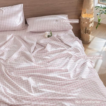 MooMee Gingham Duvet Cover Set 100% Washed Cotton Linen Like