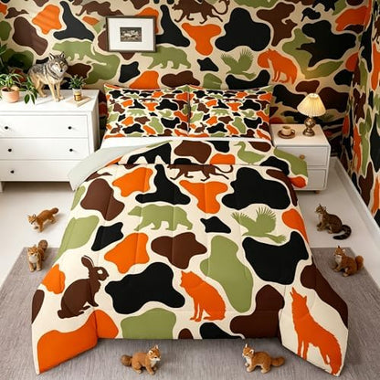Feelyou Camouflage Bedding Set Soft for Boys Girls, Military Style Comforter Set Twin Size Army Hunting Duvet Quilt Microfiber Rustic Bear Wolf Bedroom Decor 2 Pcs with 1 Pillow Cases