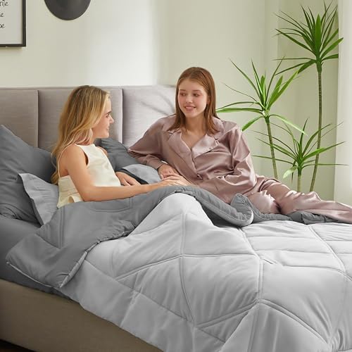 Joiedomi Queen Comforter Set with Sheets Light Grey, 7 Pieces Queen Bed Set with 1 Down Alternative Comforter, 1 Flat Sheet, 1 Fitted Sheet, 2 Pillowcases and 2 Pillow Shams, Bed in a Bag All Seasons