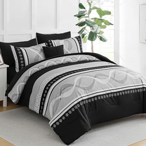 Anibedding Black Comforter Set California King Size,8 Pieces Boho Bed in a Bag Patchwork Striped Comforter Set, Soft Microfiber Bedding Set for All Season(104"x96")