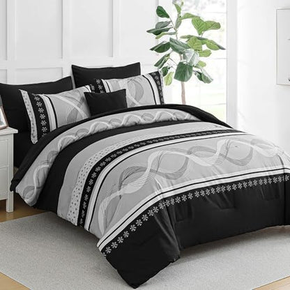 Anibedding Black Comforter Set California King Size,8 Pieces Boho Bed in a Bag Patchwork Striped Comforter Set, Soft Microfiber Bedding Set for All Season(104"x96")