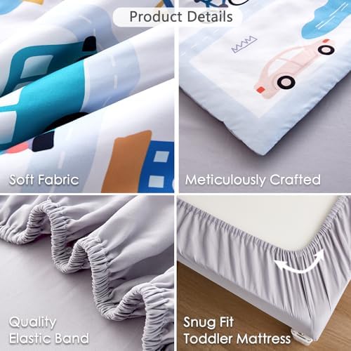 4-Piece Cars Toddler Bedding Set for Boys Girls- Soft & Skin Friendly Toddler Bed Set Includes Toddler Comforter, Flat Sheet, Fitted Sheet and Pillowcase (Light Blue)