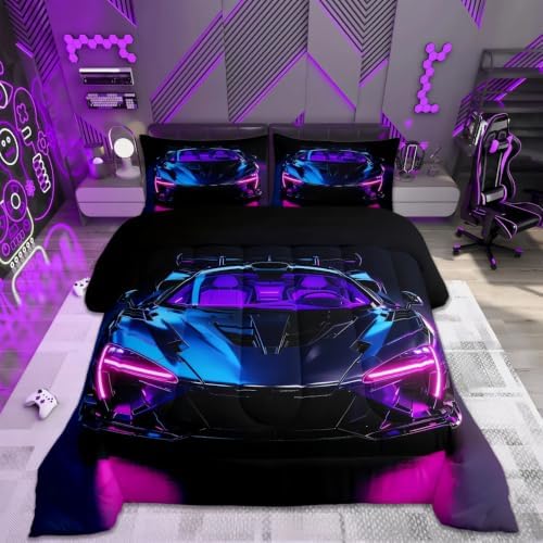 Feelyou Boys Race Car Comforter Set Queen Size Speed Sports Car Bedding Set for Kids Boys Girls Extreme Sports Duvet Quilt Automobile Bedroom Decor Microfiber 3 Pcs with 2 Pillow Cases