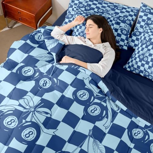 Erosebridal Navy Blue Boys Full Bedding Set 7 Piece Fashion Y2K Lucky 8 Ball Comforter Set for Kids Teen Adults,Cute Cherry Bow Bed in A Bag with Sheets Preppy Aesthetic Geometric Plaid Bed Set