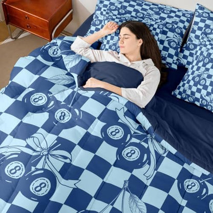 Erosebridal Navy Blue Boys King Bedding Set 7 Piece Fashion Y2K Lucky 8 Ball Comforter Set for Kids Teen Adults,Cute Cherry Bow Bed in A Bag with Sheets Preppy Aesthetic Geometric Plaid Bed Set