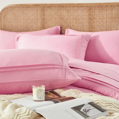 Yogeneg Full Size Comforter Set 7 Piece Bed in a Bag,Grid Pinch Pleat Pink Bedding Set,Striped Textured Soft Microfiber Comforter with Sheet Set,All Season Complete Bed Set(Pink,Full)
