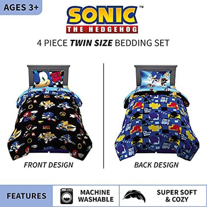 Franco Sonic the Hedgehog Anime Kids Super Soft Comforter and Sheet Set, 4 Piece Twin Size