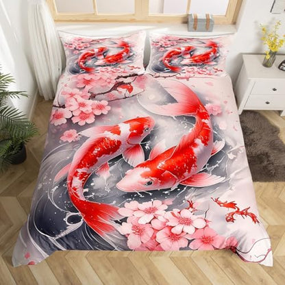 Feelyou Kids Japanese Koi Fish Duvet Cover Twin Size Cherry Blossoms Bedding Set Boys Girls Japanese Style Comforter Cover Set Sakura Flower Floral Botanical Spring Bedspread Cover（No Comforter