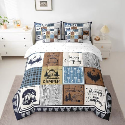 Erosebridal 7 Piece Rv Camper Bedding Set King,Kids Happy Camping Comforter Set with Sheets,Travel Trailer Bed in a Bag Buffalo Plaid Decor,Rustic Cabin Patchwork Bed Set with Pillowcases