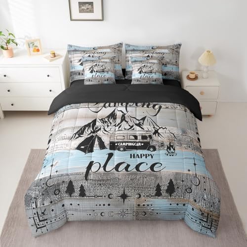 Erosebridal Rv Bed in A Bag for Travel Trailers Happy Camping Bunk Comforter Set 7 Piece Full Boho Stars Moon Camper Decor Bedding for Inside,Rustic Farmhouse Travel Adventure Bed Set Blue Grey