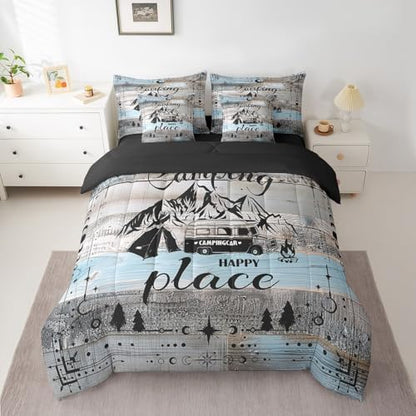 Erosebridal Rv Bed in A Bag for Travel Trailers Happy Camping Bunk Comforter Set 7 Piece Full Boho Stars Moon Camper Decor Bedding for Inside,Rustic Farmhouse Travel Adventure Bed Set Blue Grey