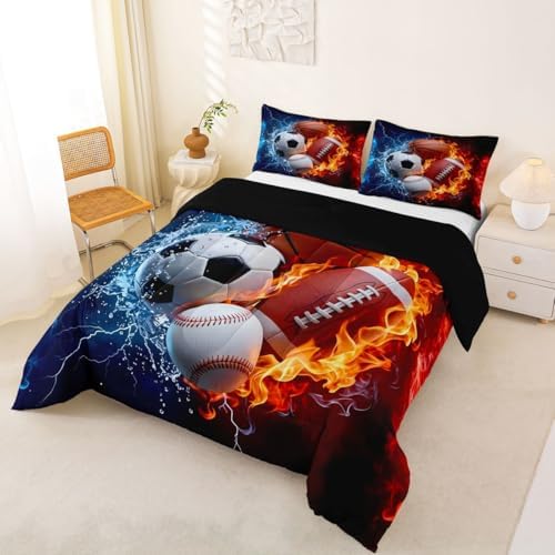 Feelyou Boys Sports Comforter Set Queen Size Football Baseball Soccer Bedding Set Basketball Duvet Quilt for Kids Boys Bedroom Ball Game Sports Decor Microfiber Ultra Soft Breathable