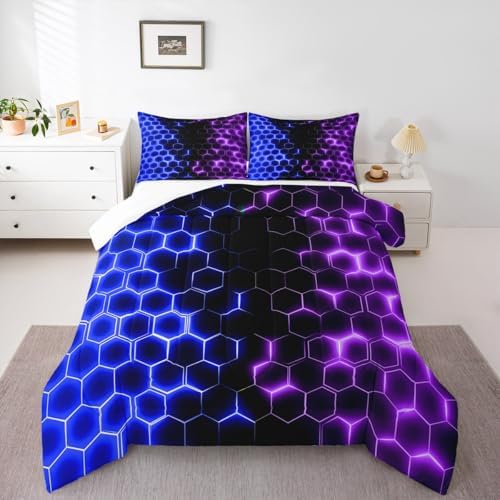 Feelyou Blue Purple Honeycomb Bedding Set Fluorescent Geometric Honeycomb Comforter Set Beehive Hexagon Comforter for Boys Girls Geometric Duvet Set King Size Quilt 3Pcs Boys