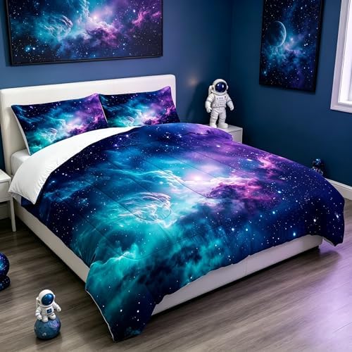 Galaxy Comforter Set Full/Queen Blue Space Bedding for Kids Girls Teen Women Bedroom Decor Moon Cloud Starry Sky Quilt Bed, 1 Comforter 2 Pillowcases
