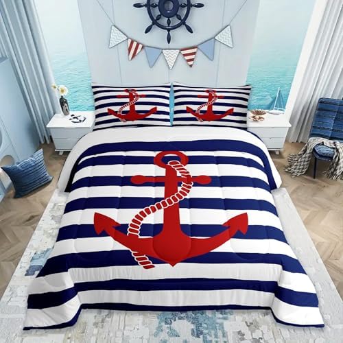 Geometric Stripes Comforter Set Twin Size,Nautical Anchor Bedding Sets 2Pcs Kids Boys Bedroom Decor 1 Pillowcase Ocean Adventure Theme Quilted Duvet Modern Navy Blue Red Bedspread Comforter