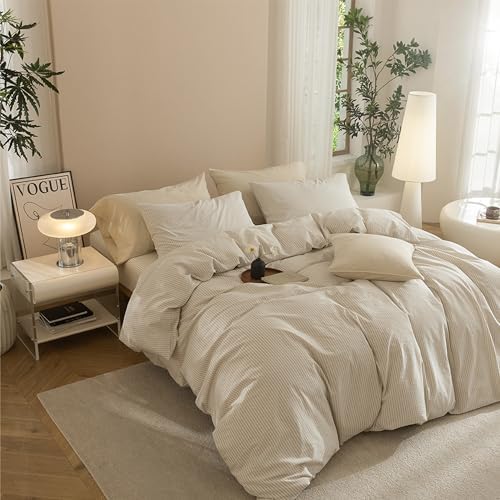 JIYUAN Super King Plus Washed Cotton Duvet Cover Set Linen-Like Pinstripe