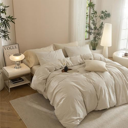 JIYUAN Oversized King Plus Washed Cotton Duvet Cover Set, Pinstripe