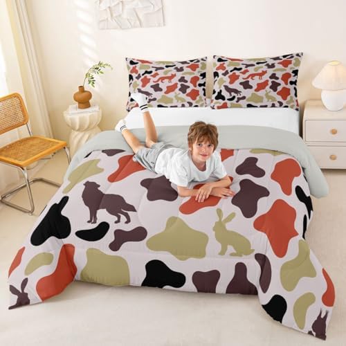 Manfei Camo Animals Comforter Set King Size,Bear Wolf Rabbit Wildlife Design Bedding Set 3pcs,Army Camouflage Down Comforter for All Season,Kids Boys Girls Room Decor,2 Pillowcases,No Sheets