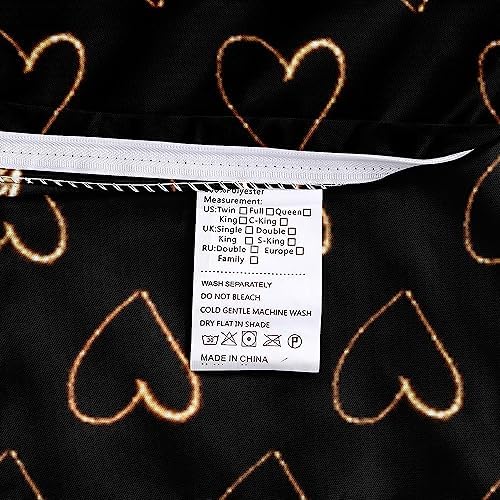 Queen Size Golden Hearts Duvet Cover with Pillowcases Gold Glitter Bed Set Black Bedding Comforter Cover for Gilrs Bedroom