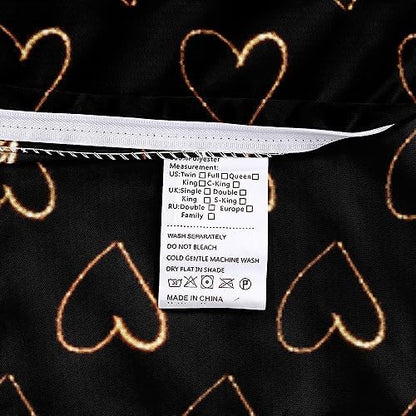 Queen Size Golden Hearts Duvet Cover with Pillowcases Gold Glitter Bed Set Black Bedding Comforter Cover for Gilrs Bedroom