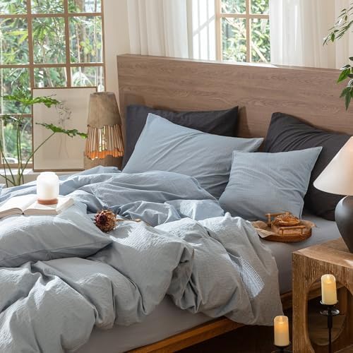 MooMee Wavy Striped Duvet Cover Set 100% Washed Cotton Linen Like Textured Breathable Durable Soft Comfy (Cornflower Blue, King 104"x90")