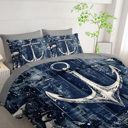 7Pcs Nautical Anchor Comforter Set Ocean Sailboat Printed Bedding Set with 1 Comforter, 1 Flat Sheet, 1 Fitted Sheet and 4 Pillowcases for Bedroom All Season(Anchor Queen)