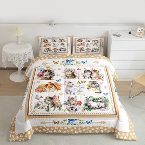 Cute Cats Kids Comforter Set Full Size,Cartoon Animal Paws Print Toddler Bedding Set,Girls Boys Adults Room Decor,Butterfly Flowers Romantic Down Comforter,Bright Lovely Duvet Insert,2 Pillowcases