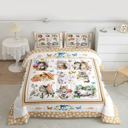Cute Cats Kids Comforter Set Queen Size,Cartoon Animal Paws Print Toddler Bedding Set,Girls Boys Adults Room Decor,Butterfly Flowers Romantic Down Comforter,Bright Lovely Duvet Insert,2 Pillowcases