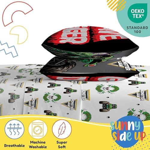 Sunny Side Up Monster Jam Grave Digger Full Sheet Set - 4 Piece Kids Bedding Set Includes Pillow Cover - Super Soft Microfiber Sheets