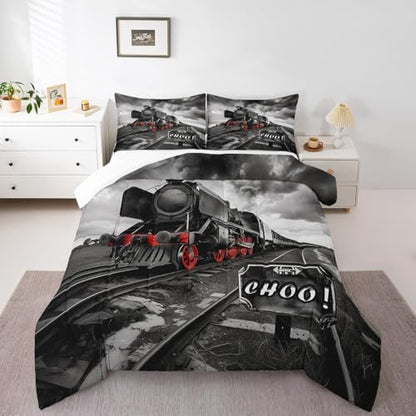 Boys Retro Train Comforter Set King Size, Black Red Old Car Bedding Set Rail Transportation Vehicles Quilt for Kids Girls Teens Room Decor, Vintage 3D Duvet Insert, 2 Pillowcases