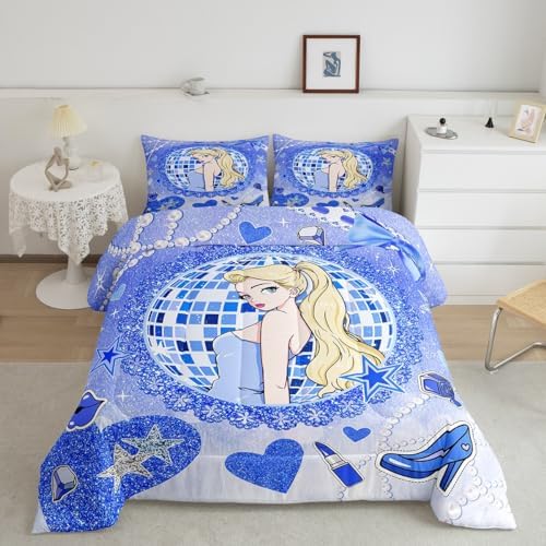 Princess Girly Kids Comforter Set Queen Size,Bowknot High-heeled Shoes Lip Dreamy Bedding Set,Girls Women Room Decor,Glitter Sequin Star Diamond Down Comforter,Blue Noble Duvet Insert,2 Pillowcases