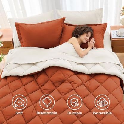 MUXHOMO 7 Pieces Queen Comforter Set, Reversible Bed in a Bag Queen Size, All Season Bedding Set with Comforter, Flat Sheet, Fitted Sheet, Pillowcases & Shams, Burnt Orange & Beige