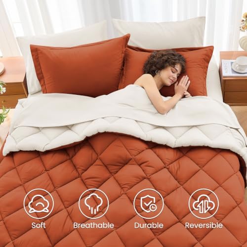 MUXHOMO 5 Pieces Twin Comforter Set, Reversible Bed in a Bag Twin Size, All Season Bedding Set with Comforter, Flat Sheet, Fitted Sheet, Pillowcases & Shams, Burnt Orange & Beige