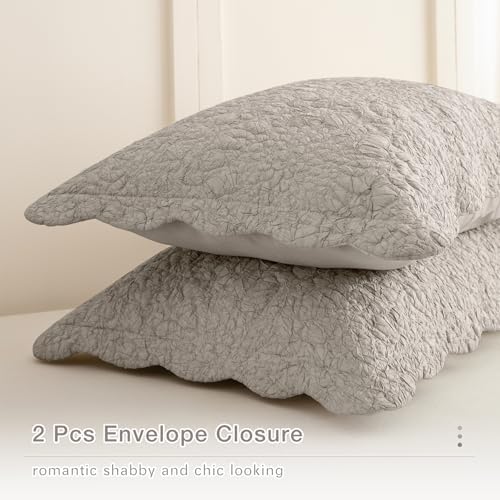 Masaca Oversized King Bedspread 128x120,Linen Colored Crinkled Oversized King Quilt 3Pcs Soft Lightweight Farmhouse Shabby Boho Stone-Washed Scallop Extra Large Quilt Coverlet Bedding Set