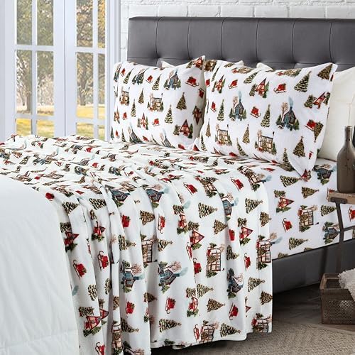 Elegant Comfort Luxuriously Soft 4-Piece Holiday Velvet Plush Flannel Sheet Set - Premium Quality - Cozy Warm, Christmas Fuzzy Velvet Flannel Fleece Deep Pocket Sheet Set - Full, Bungalow