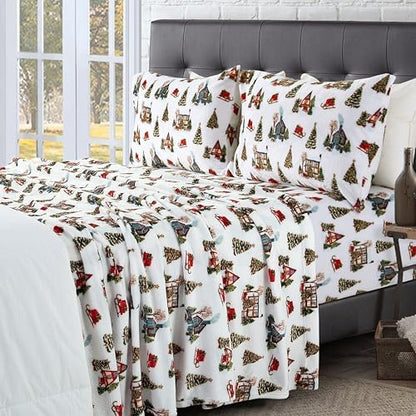 Elegant Comfort Luxuriously Soft 4-Piece Holiday Velvet Plush Flannel Sheet Set - Premium Quality - Cozy Warm, Christmas Fuzzy Velvet Flannel Fleece Deep Pocket Sheet Set - Full, Bungalow